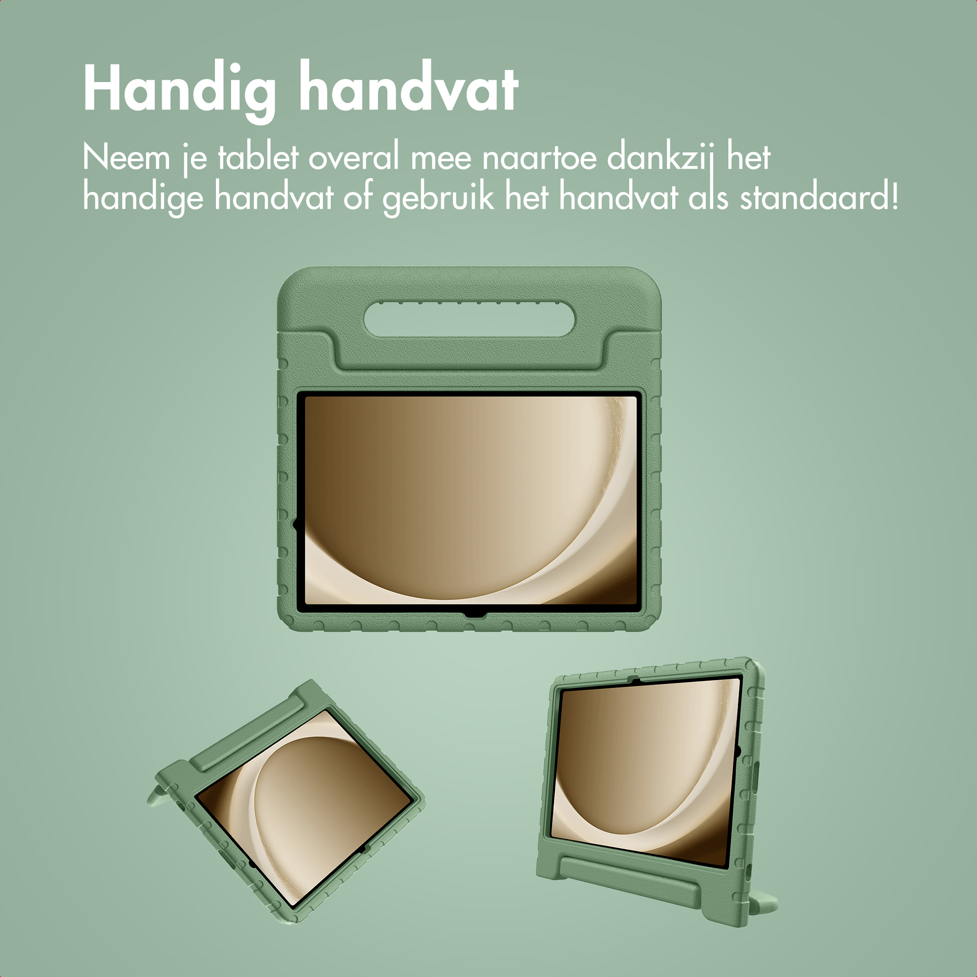 Afbeelding toont een groene tablethoes met drie verschillende perspectieven. De hoes heeft een handvat en staat op een groene achtergrond.