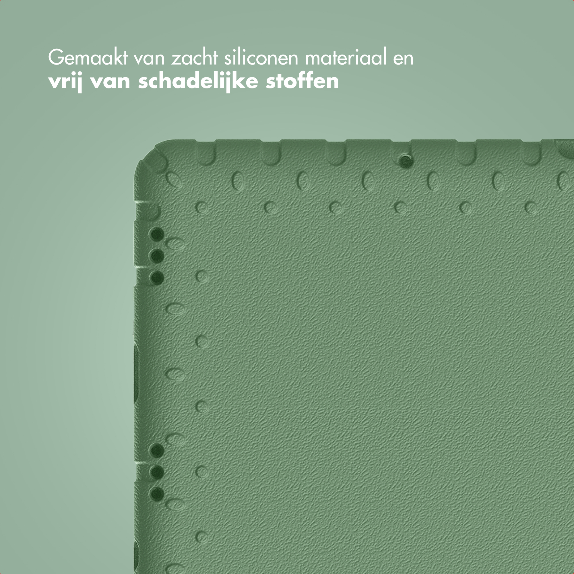 Groen oppervlak met textuur en afgeronde hoeken. Witte tekst: Gemaakt van zacht siliconen materiaal en vrij van schadelijke stoffen.