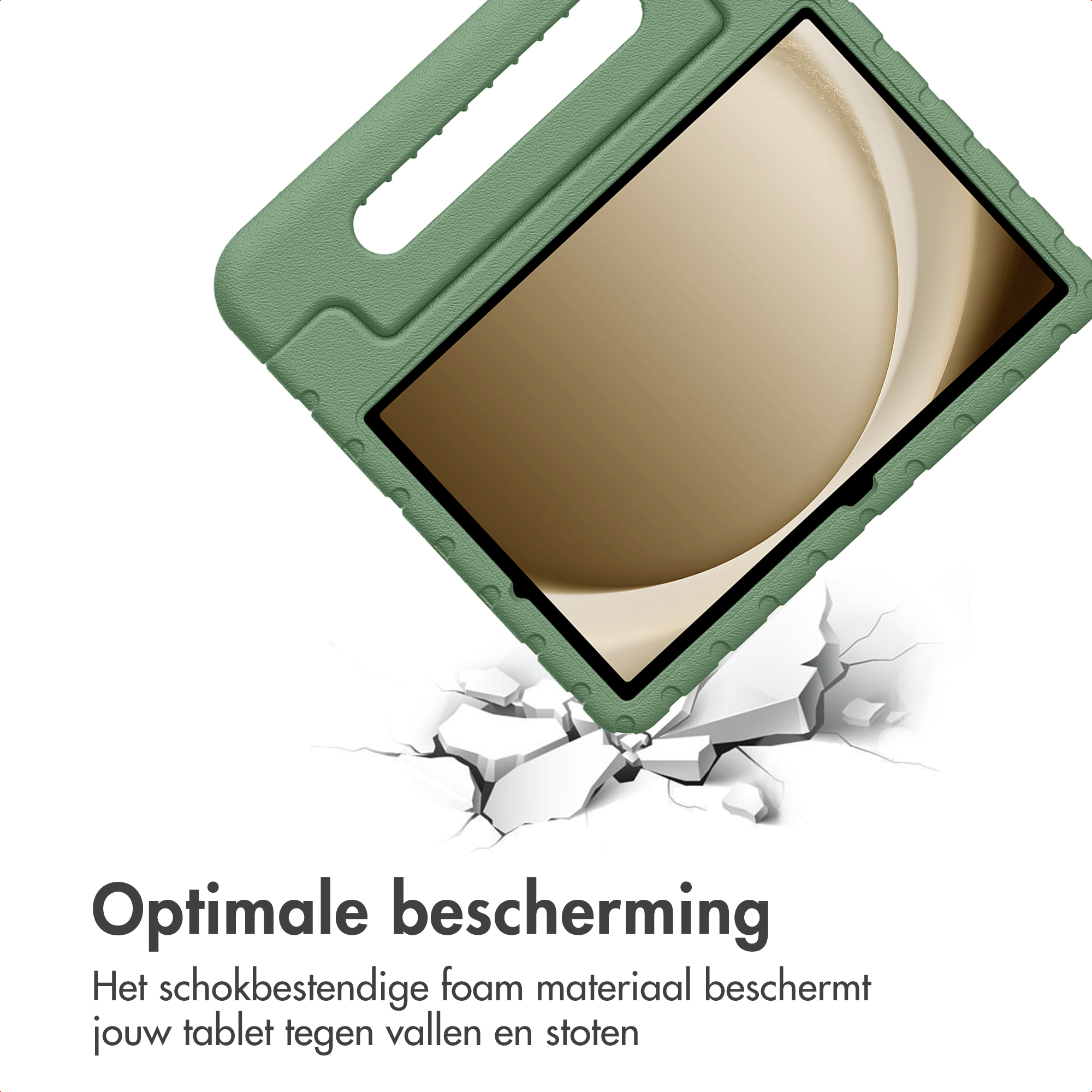 Een tablet in een groene hoes valt, met scheuren eronder. Tekst luidt 'Optimale bescherming'.