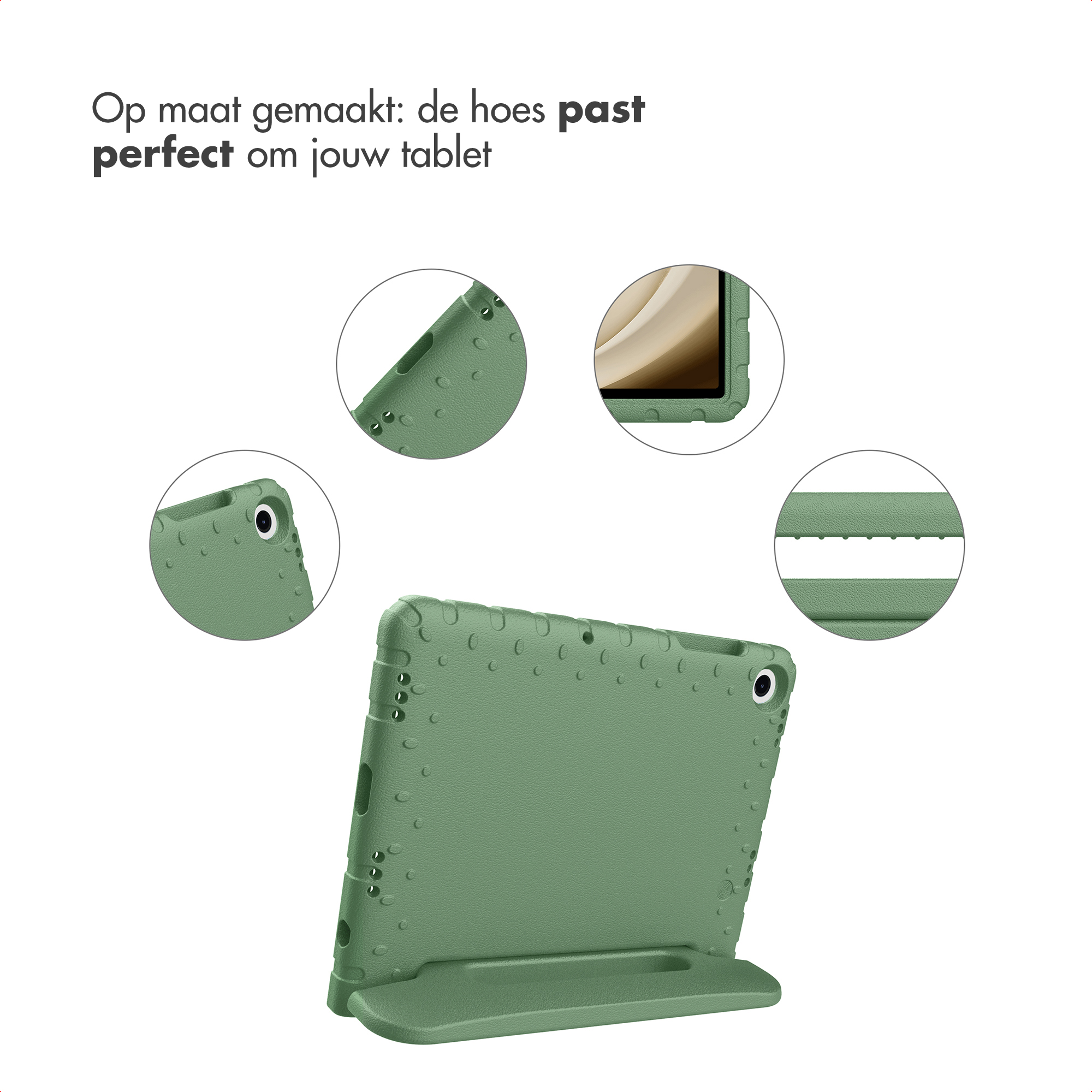 Groene tablethoes met standaard. Verschillende close-ups tonen details. Tekst zegt: 'Perfecte pasvorm voor je tablet'.