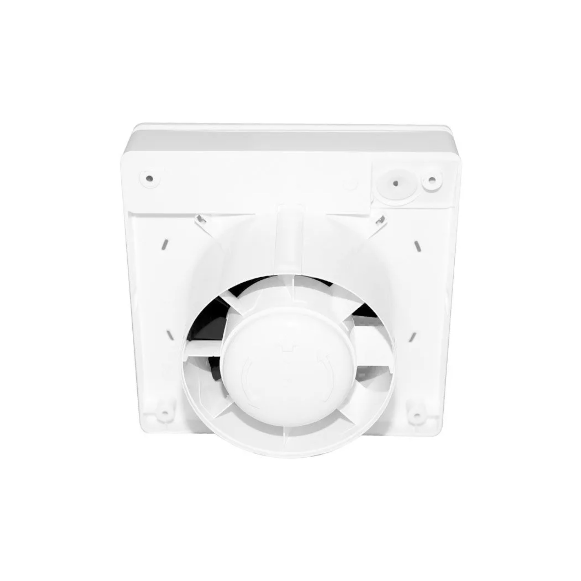 Ein weißer, quadratischer Lüfter. Er hat einen zentralen Ventilator, umgeben von einer kreisförmigen Abdeckung.