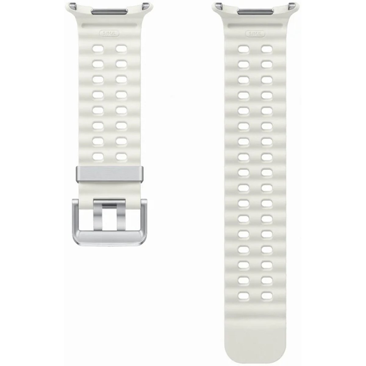 Due cinturini per orologio. Silicone bianco e scanalato con chiusure in metallo. Un cinturino è completamente visibile, l'altro parzialmente.