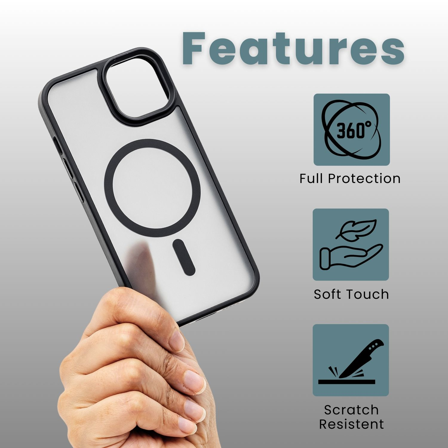 Eine Hand hält eine transparente Handyhülle mit schwarzem Rahmen. Zu den Merkmalen gehören 360°-Schutz, Soft-Touch und Kratzfestigkeit.