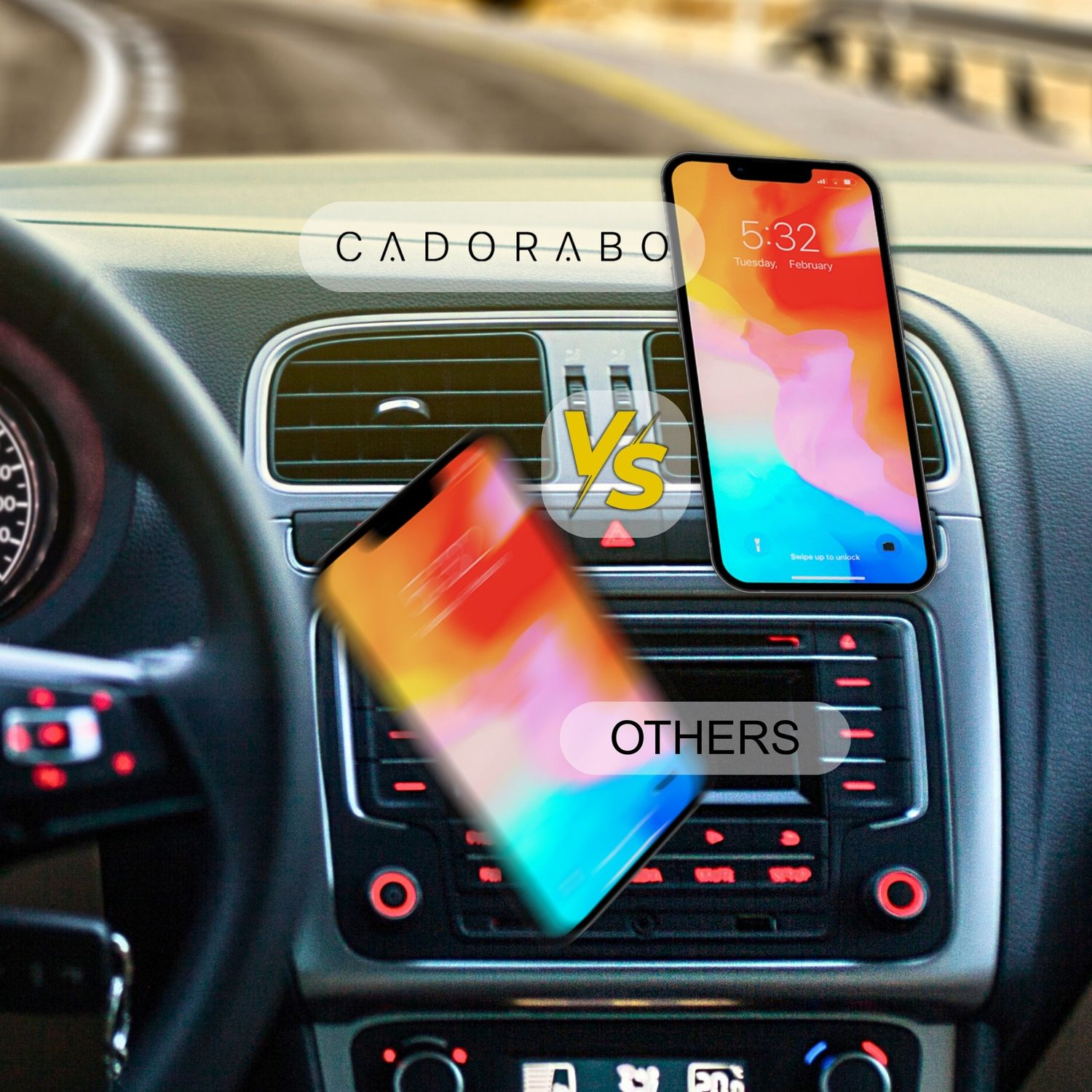 Zwei Telefone sind auf einem Armaturenbrett platziert. Eines zeigt die Uhrzeit, das andere hat einen bunten Hintergrund. Das Wort "CADORABO" ist sichtbar.