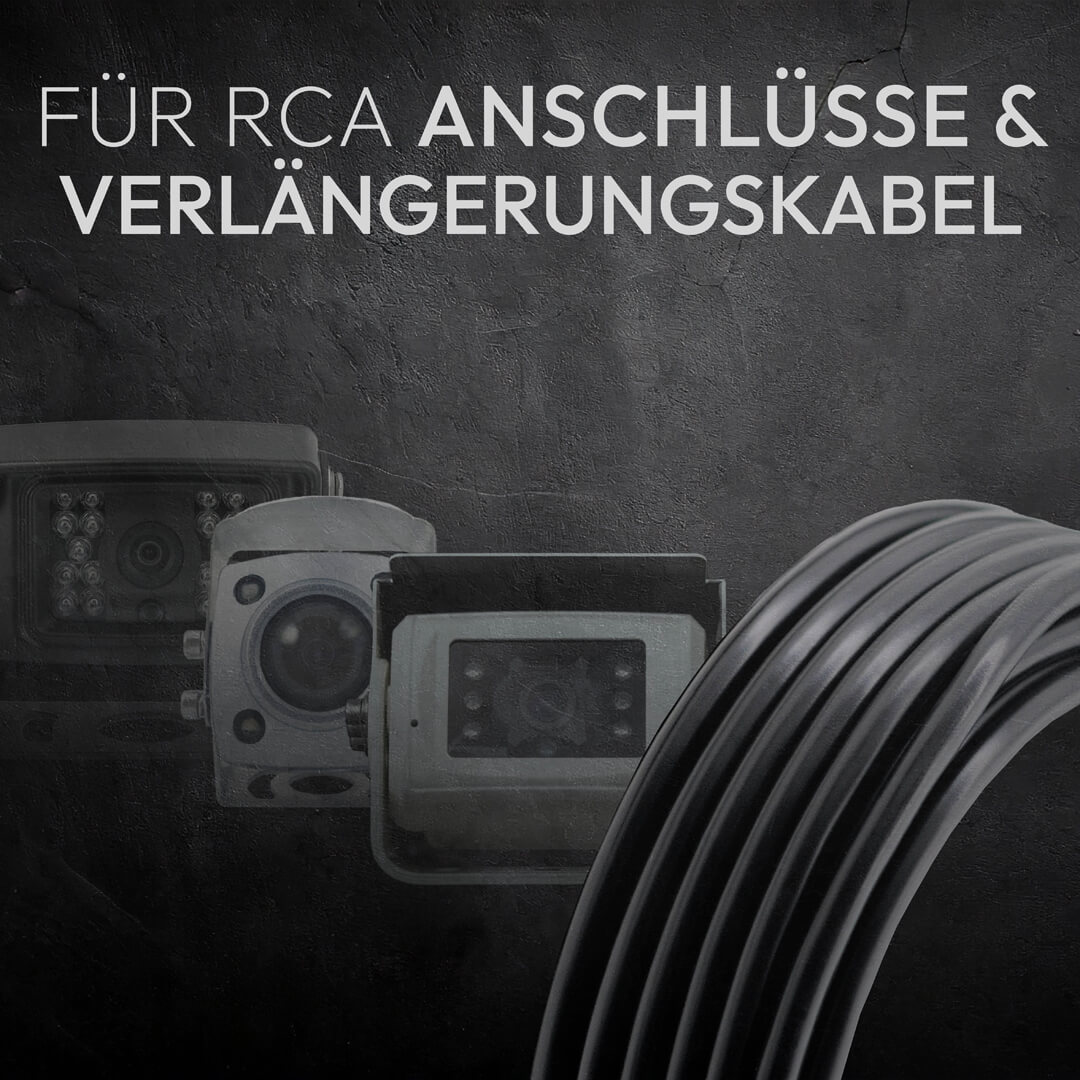 Das Bild zeigt drei graue Überwachungskameras und schwarze Kabel vor einem dunklen strukturierten Hintergrund mit deutschem Text.