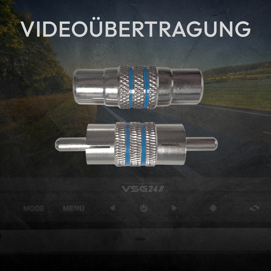 Zwei silberne Stecker mit blauen Streifen, Text 'VIDEOÜBERTRAGUNG' oben. Unten zeigt ein Bildschirm 'VSG24//', 'MODE' und 'MENU'.