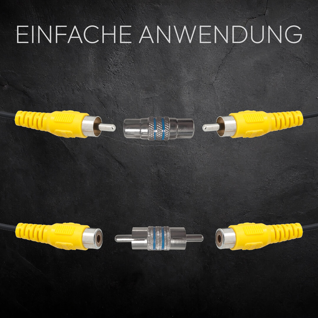 Vier gelbe Cinch-Kabel, die mit zwei silbernen Steckern mit blauen Streifen verbunden sind, auf strukturiertem schwarzem Hintergrund mit weißem Text.