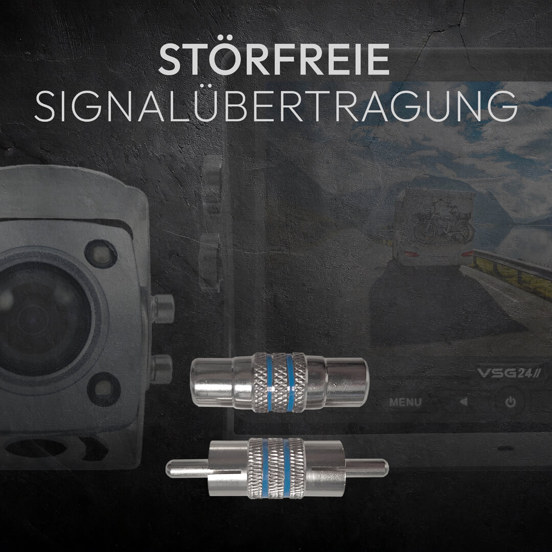 Das Bild zeigt eine Kamera, Kabel und einen Bildschirm mit Text. Der Hintergrund ist dunkel und der Text lautet 'Signalübertragung'.