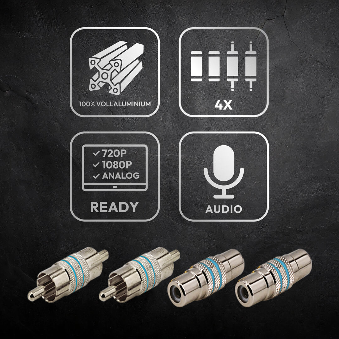 Das Bild zeigt silberne Stecker, vier Symbole und Text. Die Symbole stehen für 100 % Aluminium, 4x, Videoformate und Audio. Der Hintergrund ist dunkel.