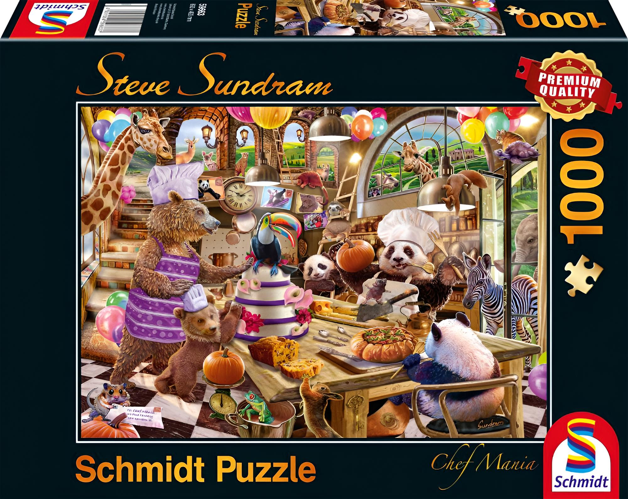 Una scatola di puzzle che mostra animali chef in una cucina. Orsi, panda e una zebra preparano il cibo.