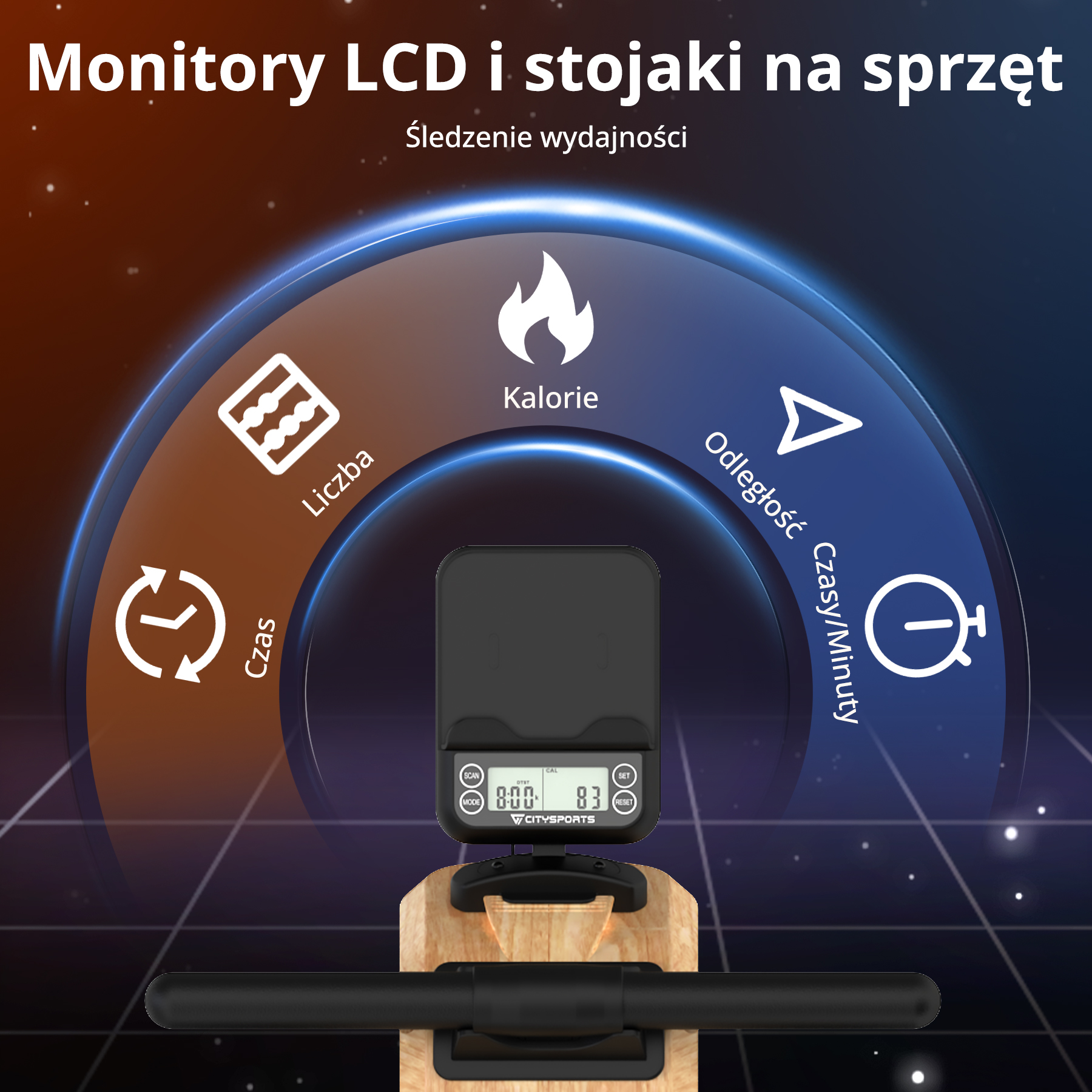 Wyświetlacz sprzętu fitness pokazujący czas, kalorie, dystans i liczbę, z uchwytem do wioślarza.