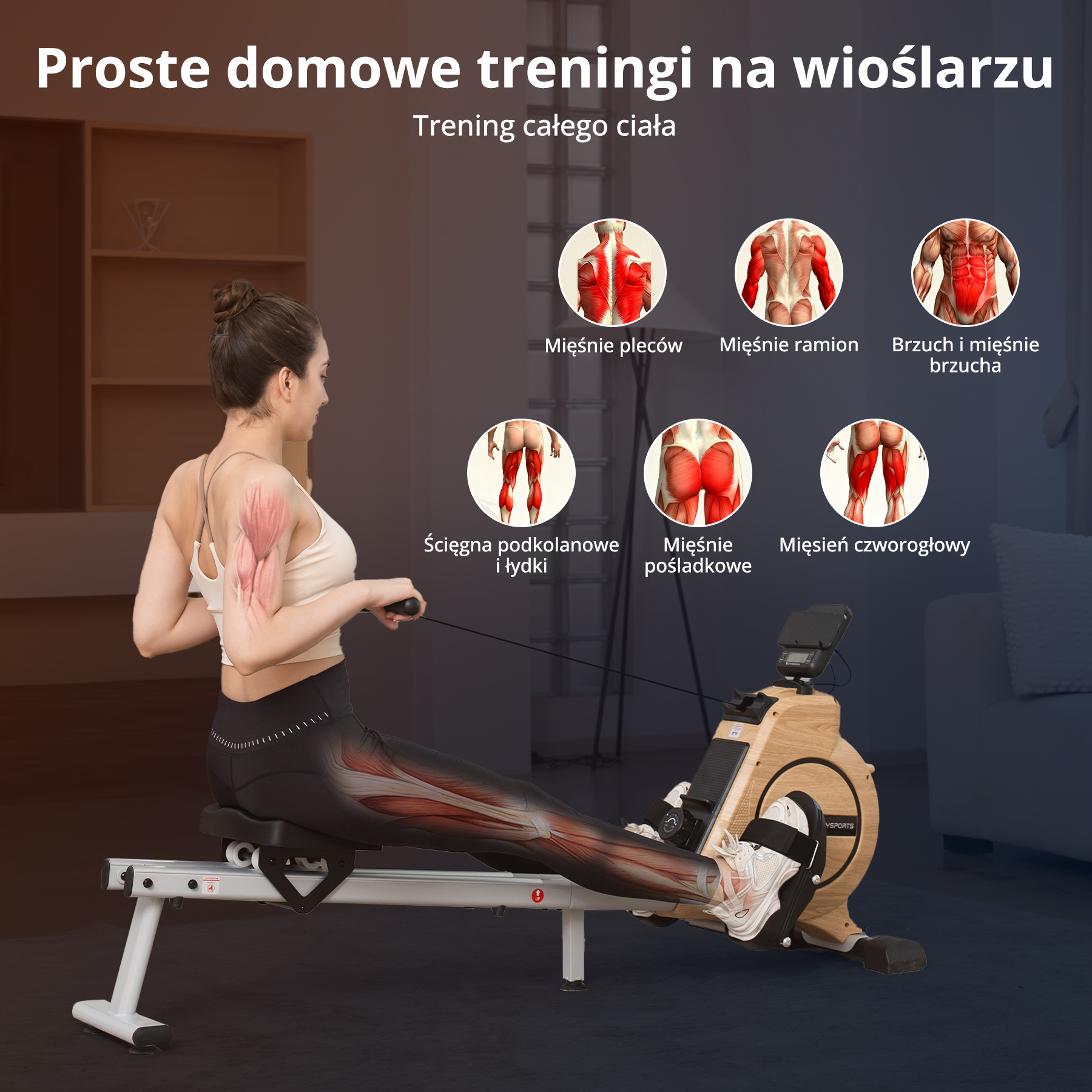 Kobieta na maszynie do wiosłowania, z diagramami mięśni. Tekst wskazuje domowe treningi wioślarskie dla całego ciała.