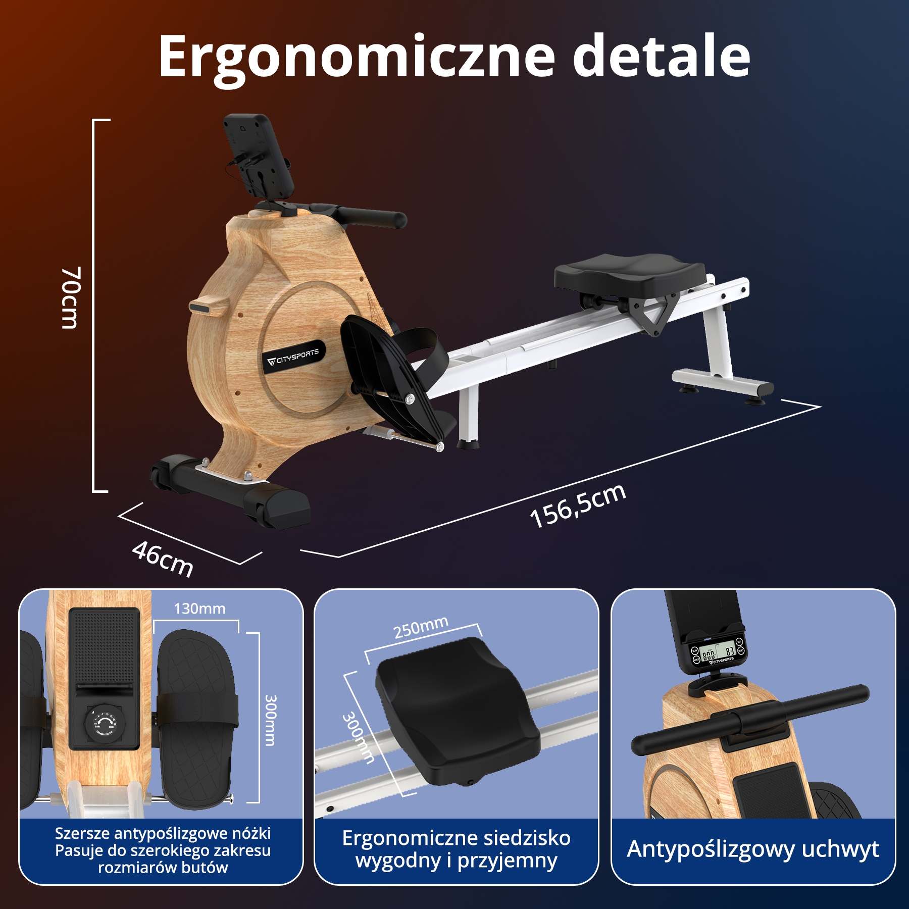 Drewniana maszyna do wiosłowania z czarnymi detalami, wyświetlonymi wymiarami. Posiada antypoślizgowe nóżki, wygodne siedzisko i uchwyt.