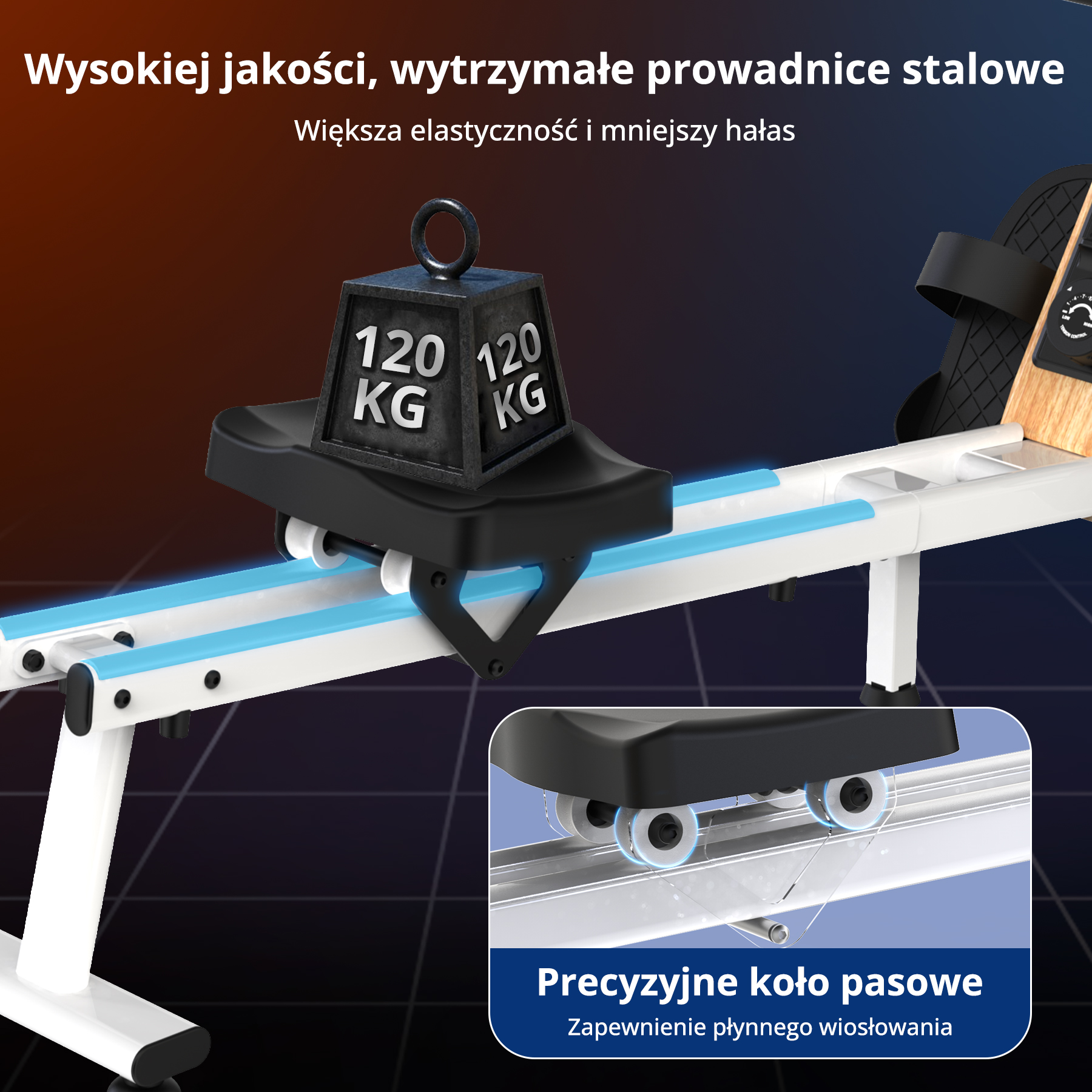 Wioślarz z obciążeniem 120 KG. Zawiera szczegółowe części i precyzyjne koło pasowe. Kolory biały, niebieski i czarny.