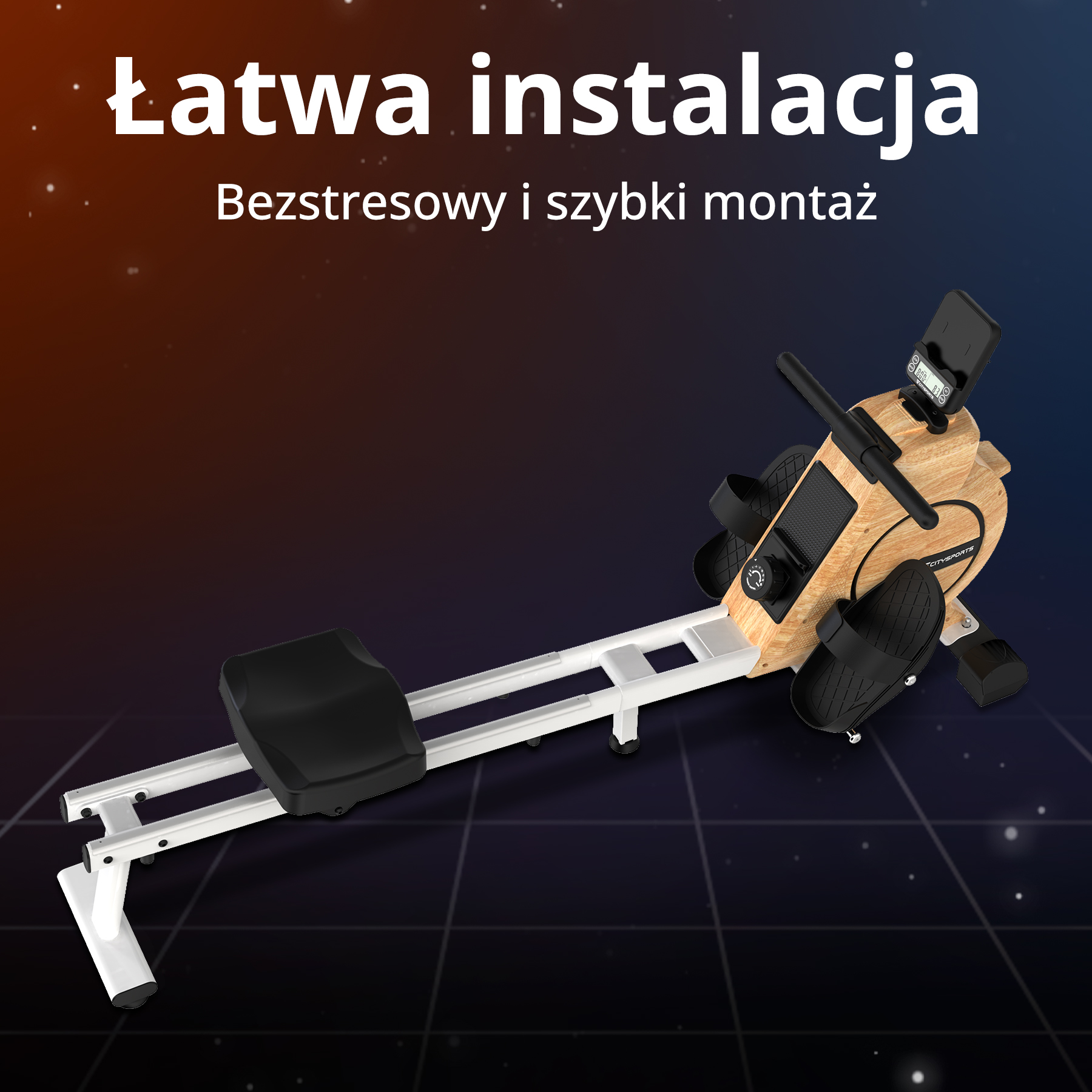 Maszyna do wiosłowania z drewnianymi detalami, czarnym siedziskiem i podnóżkami oraz cyfrowym wyświetlaczem na ciemnym tle.