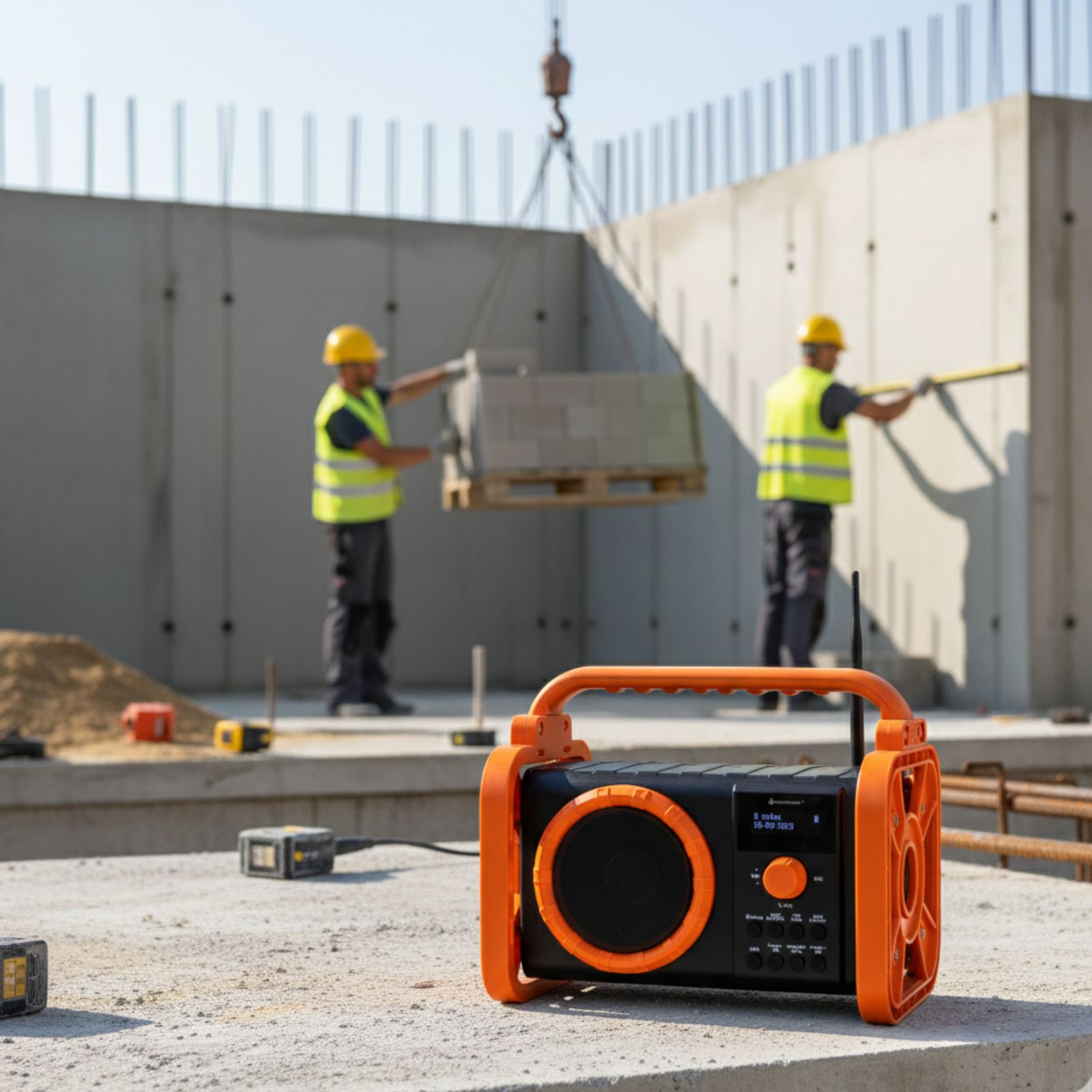 Baustelle mit Arbeitern, Betonwänden und einem orangefarbenen Radio. Arbeiter heben Blöcke mit einem Kran.