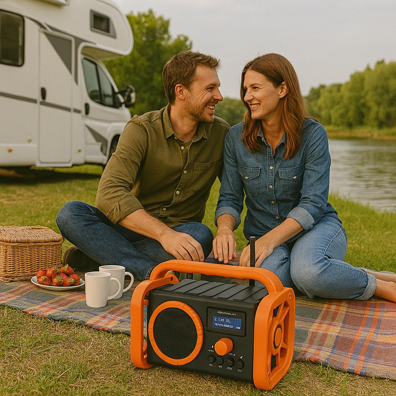 Paar sitzt auf einer Decke, lächelt sich an. Radio, Picknickartikel und ein Wohnmobil sind im Hintergrund zu sehen.