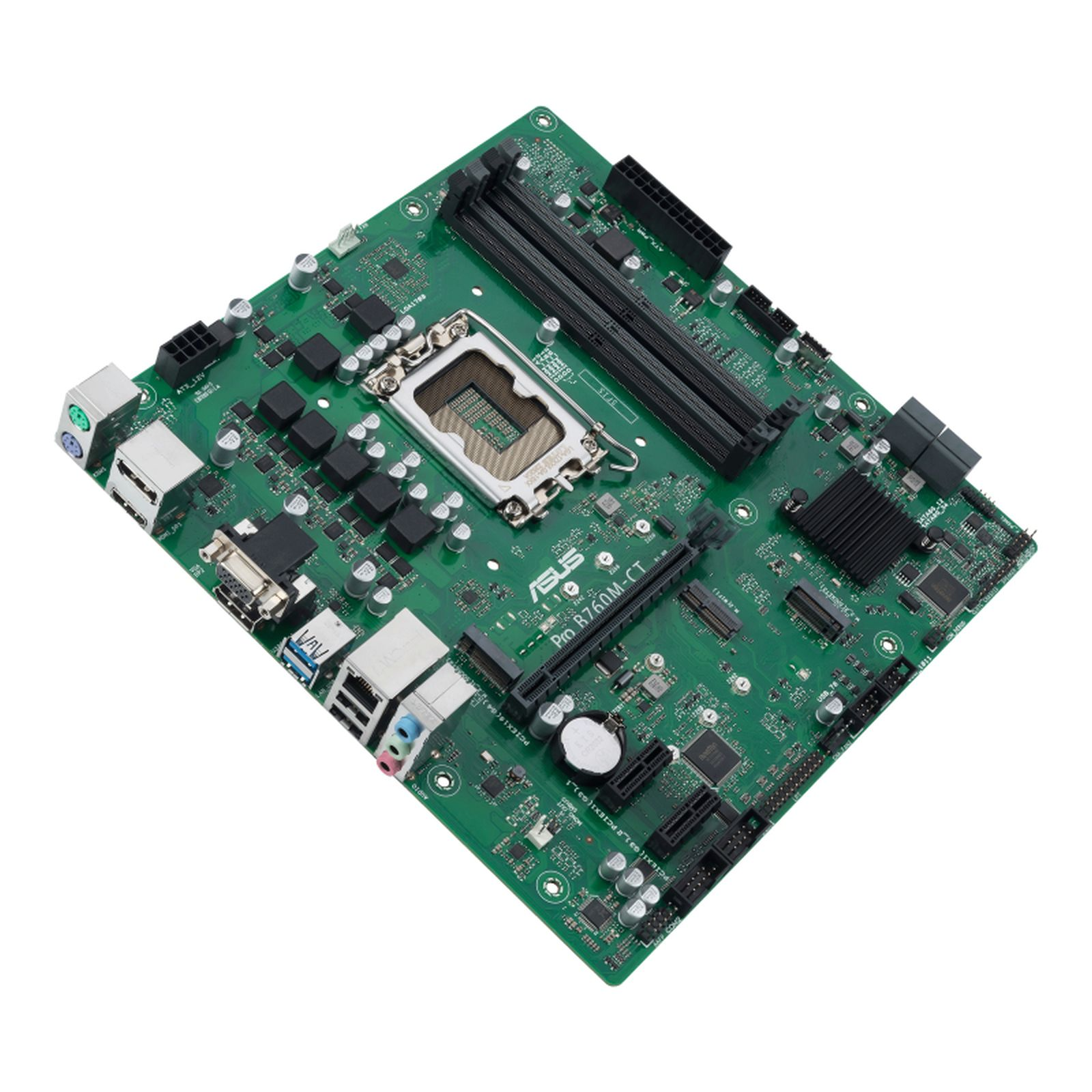 Scheda madre verde ASUS Pro B760M-CT con vari componenti: slot, connettori e socket CPU, su sfondo bianco.