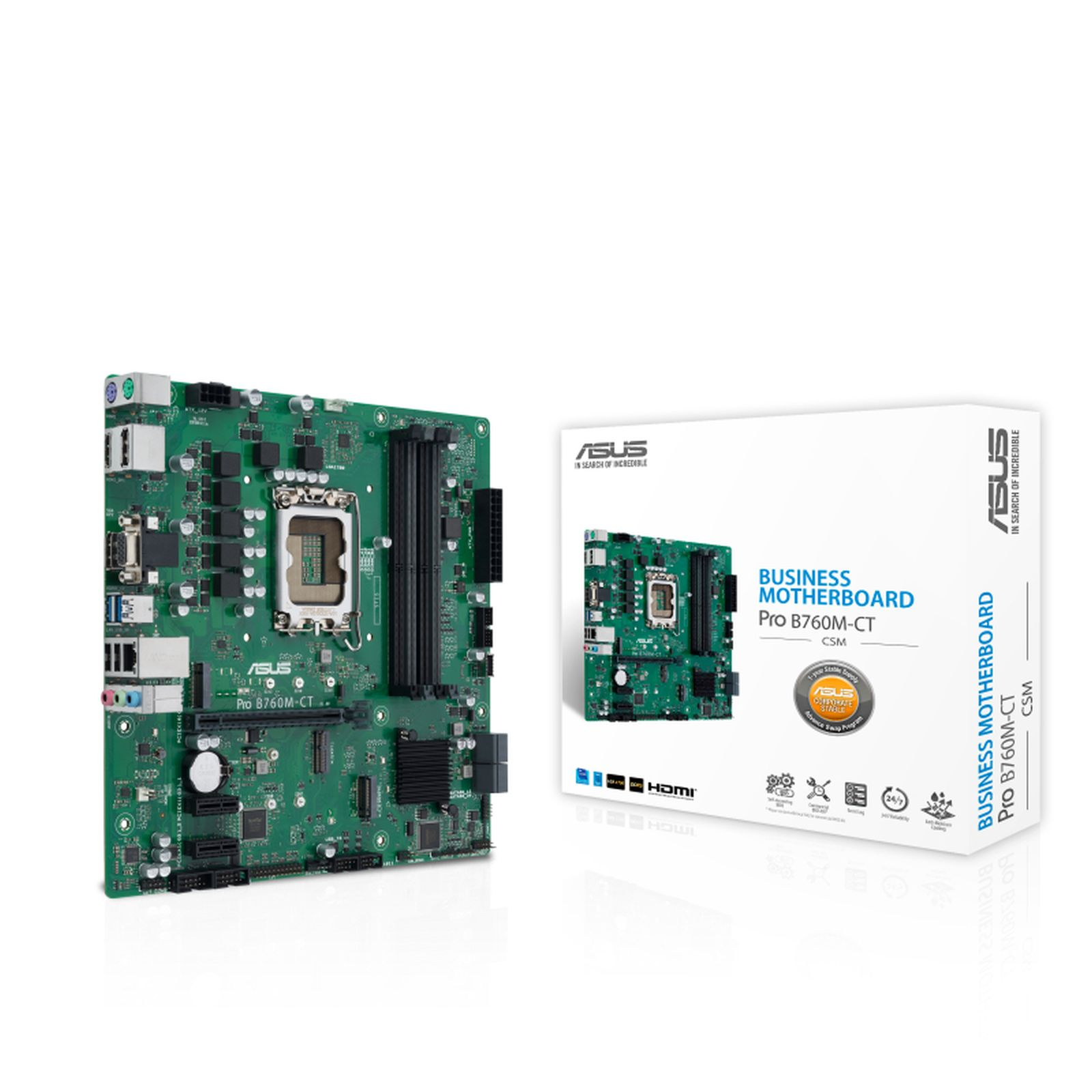 Una scheda madre ASUS Pro B760M-CT verde è mostrata accanto alla sua scatola. La scatola mostra la scheda madre e le sue caratteristiche.
