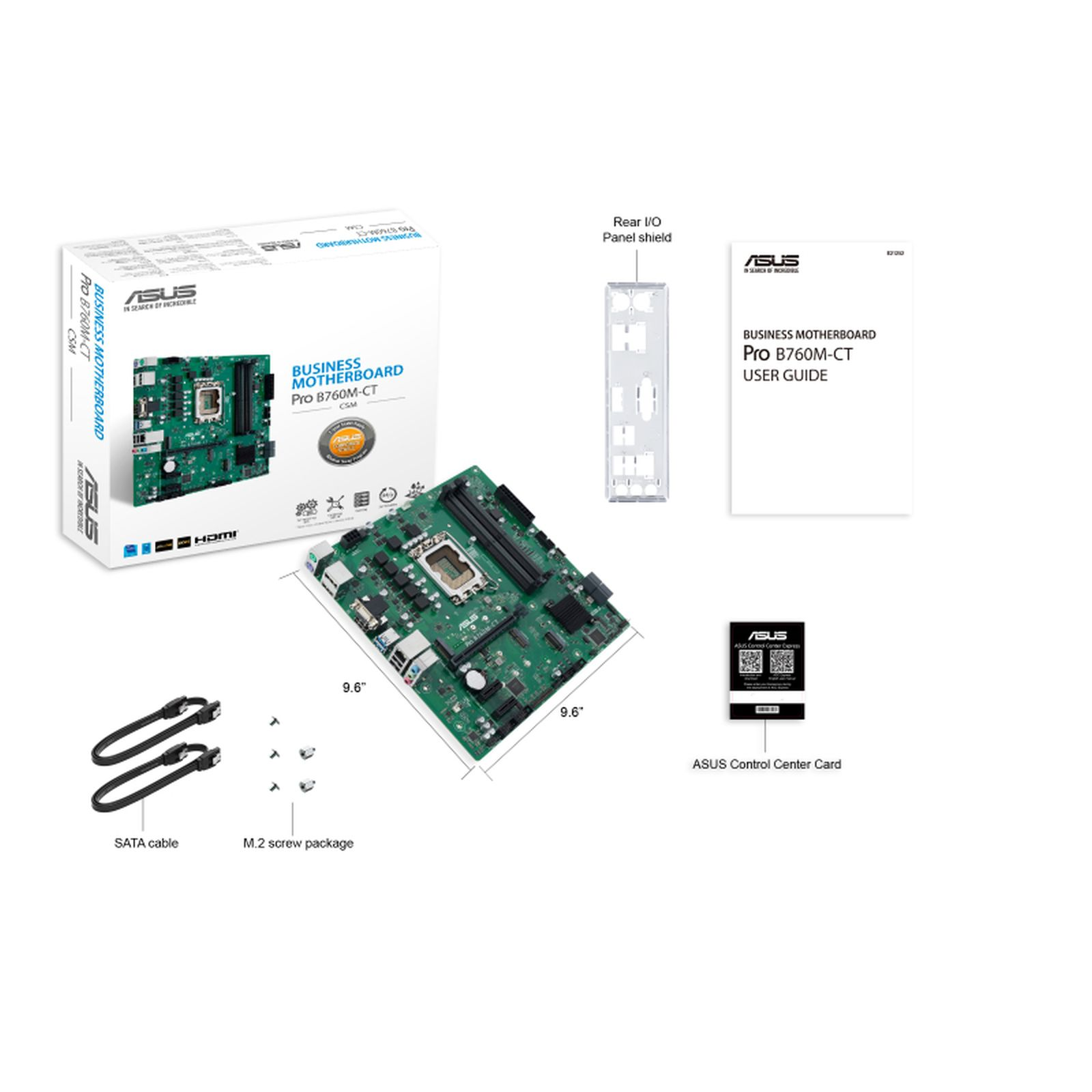 Una scheda madre ASUS Pro B760M-CT, scatola, guida utente, cavi SATA e altri componenti sono esposti su una superficie bianca.