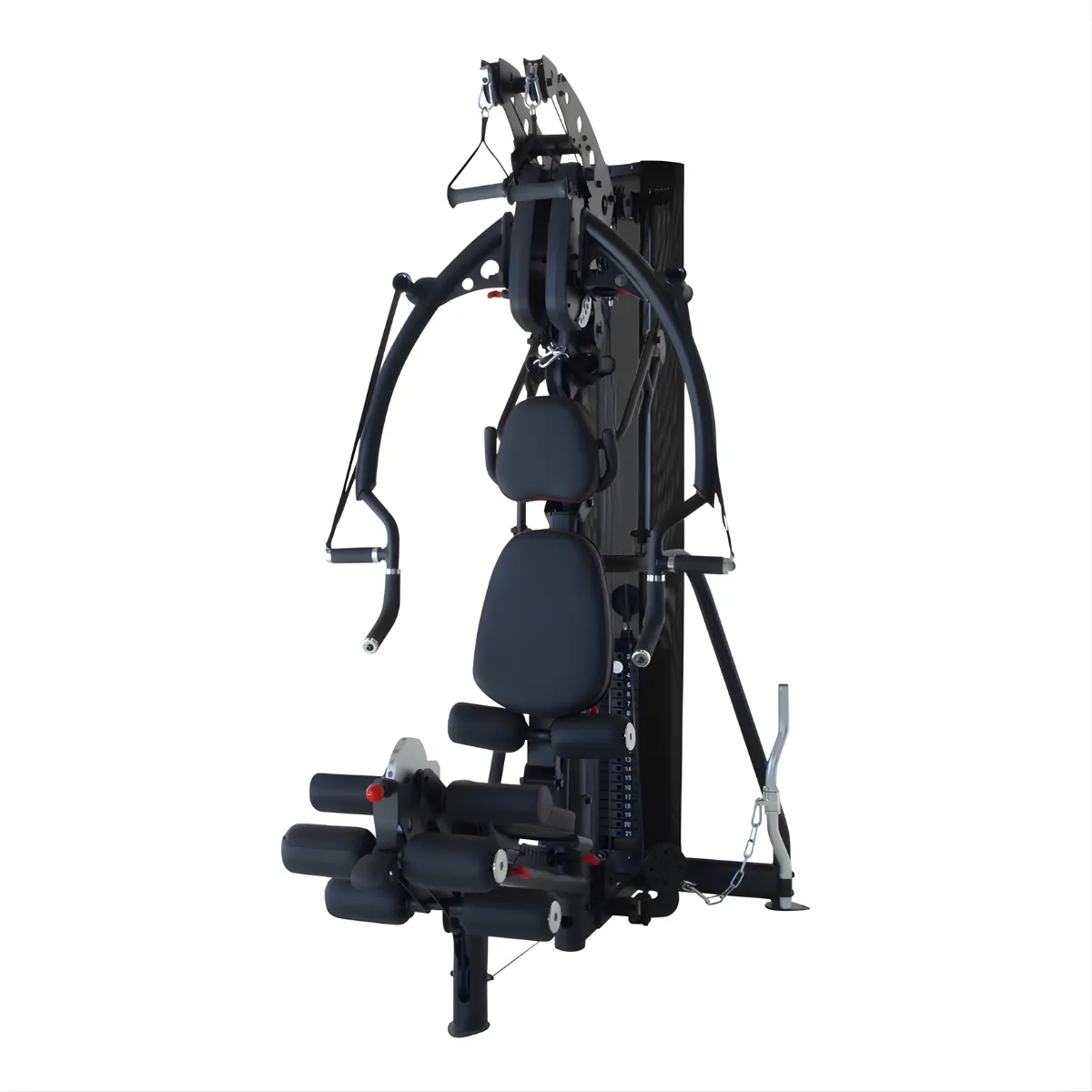 Eine schwarze Multi-Gym-Maschine mit verschiedenen Komponenten zum Trainieren. Sie hat Sitze, Gewichte und Griffe vor weißem Hintergrund.