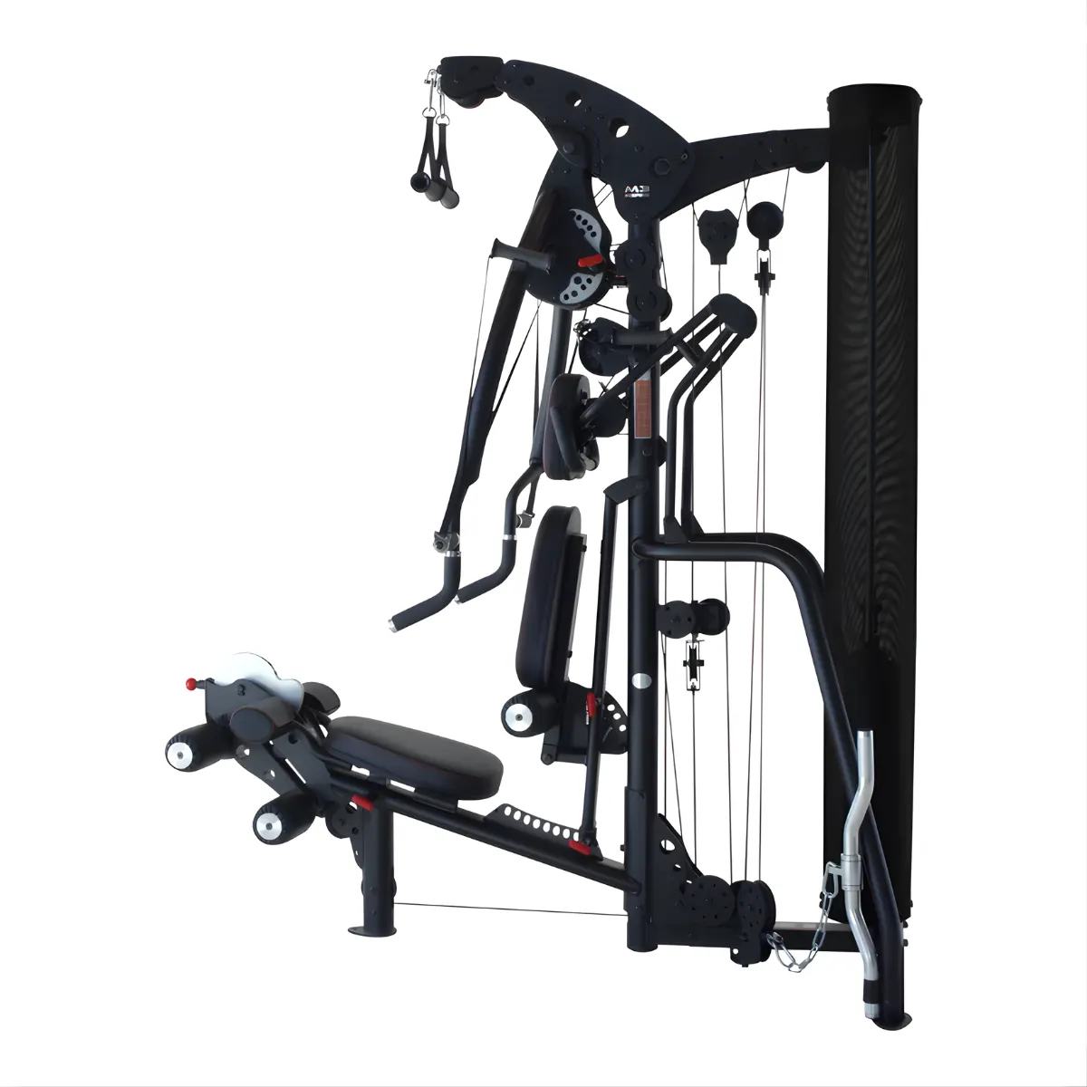Eine schwarze Inspire M3 Multi-Gym-Maschine. Sie hat verschiedene Stationen für Krafttraining, einschließlich einer Bank, Kabeln und Gewichtsblöcken.