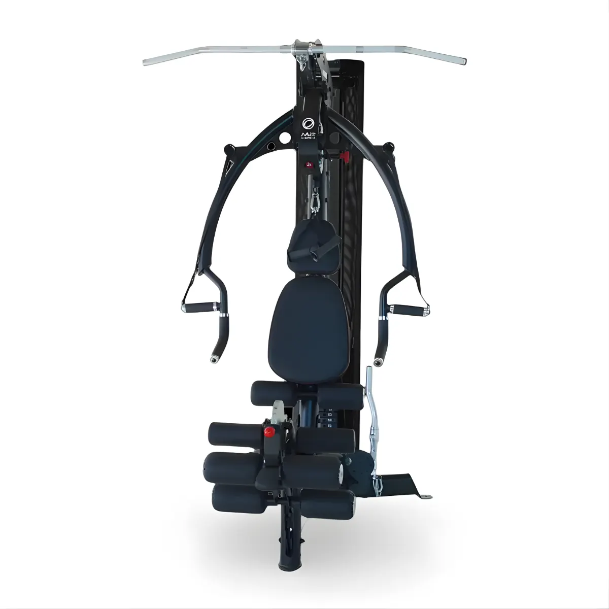 Een zwarte Inspire fitnessmachine op een witte achtergrond. Het heeft een zitting, gewichten, katrollen en stangen.