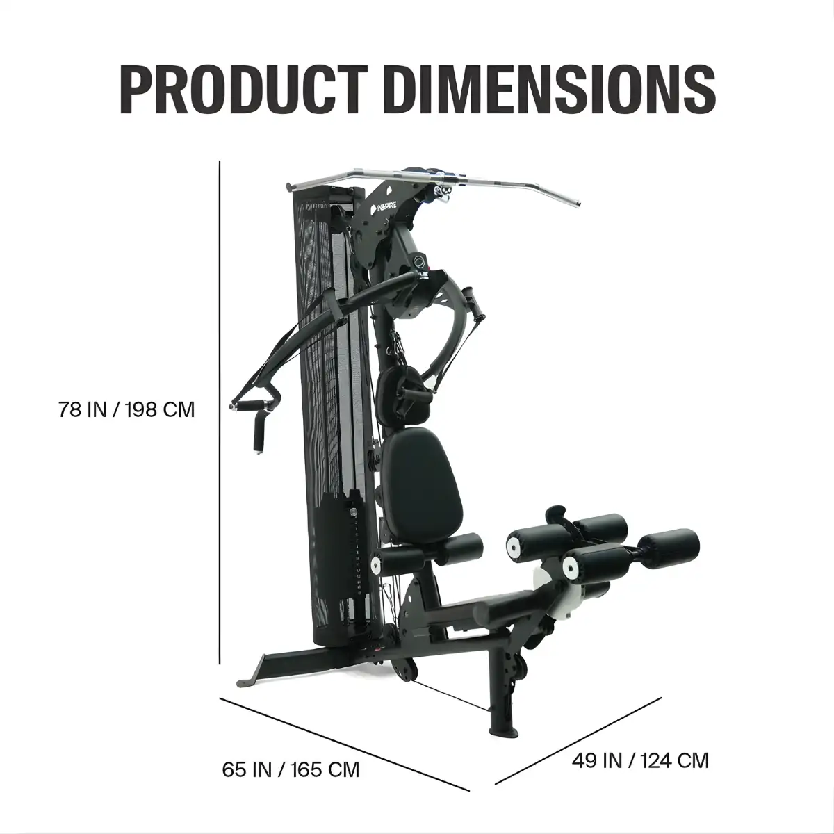 Zwarte en zilverkleurige Inspire fitnessmachine. Toont afmetingen: 78 inch/198 cm hoogte, 65 inch/165 cm breedte en 49 inch/124 cm diepte.