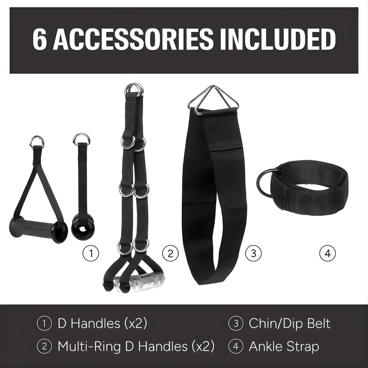 Afbeelding toont fitness accessoires: D handgrepen, Multi-ring D handgrepen, Chin/Dip riem en enkelband. Tekst zegt '6 accessoires inbegrepen'.