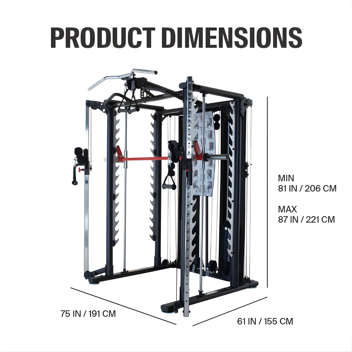 Een zwart en zilveren home gym machine met afmetingen. Het toont de minimale en maximale hoogte, samen met de breedte en diepte.