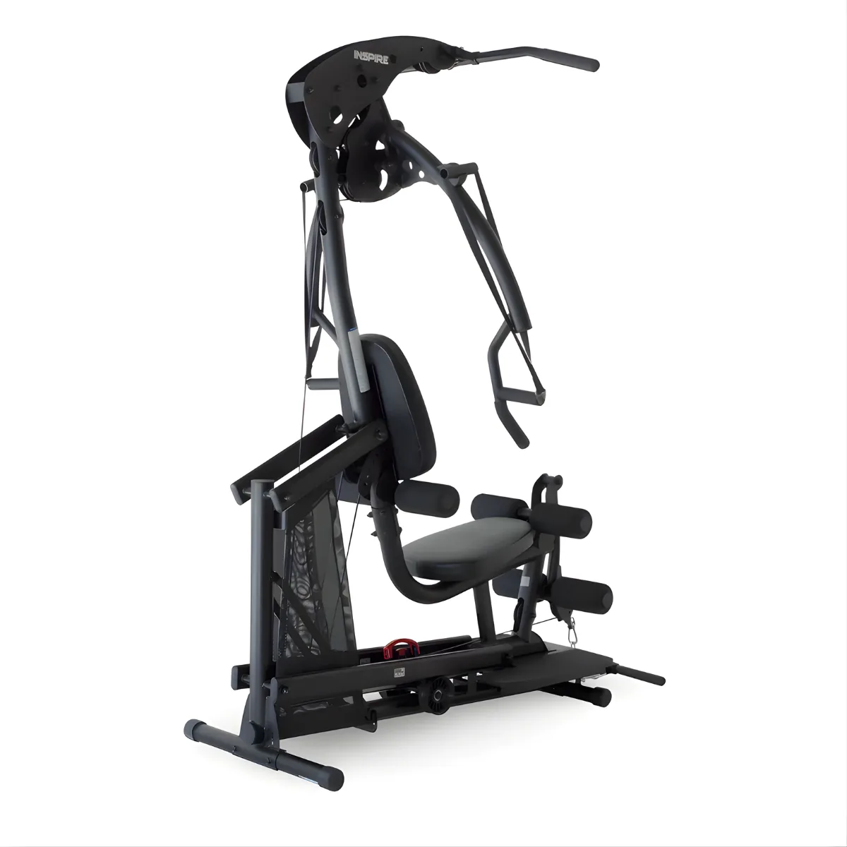 Eine schwarze Inspire-Fitnessmaschine. Sie hat mehrere Komponenten für verschiedene Übungen. Zu den Merkmalen gehören ein Sitz, Stangen und Gewichte.