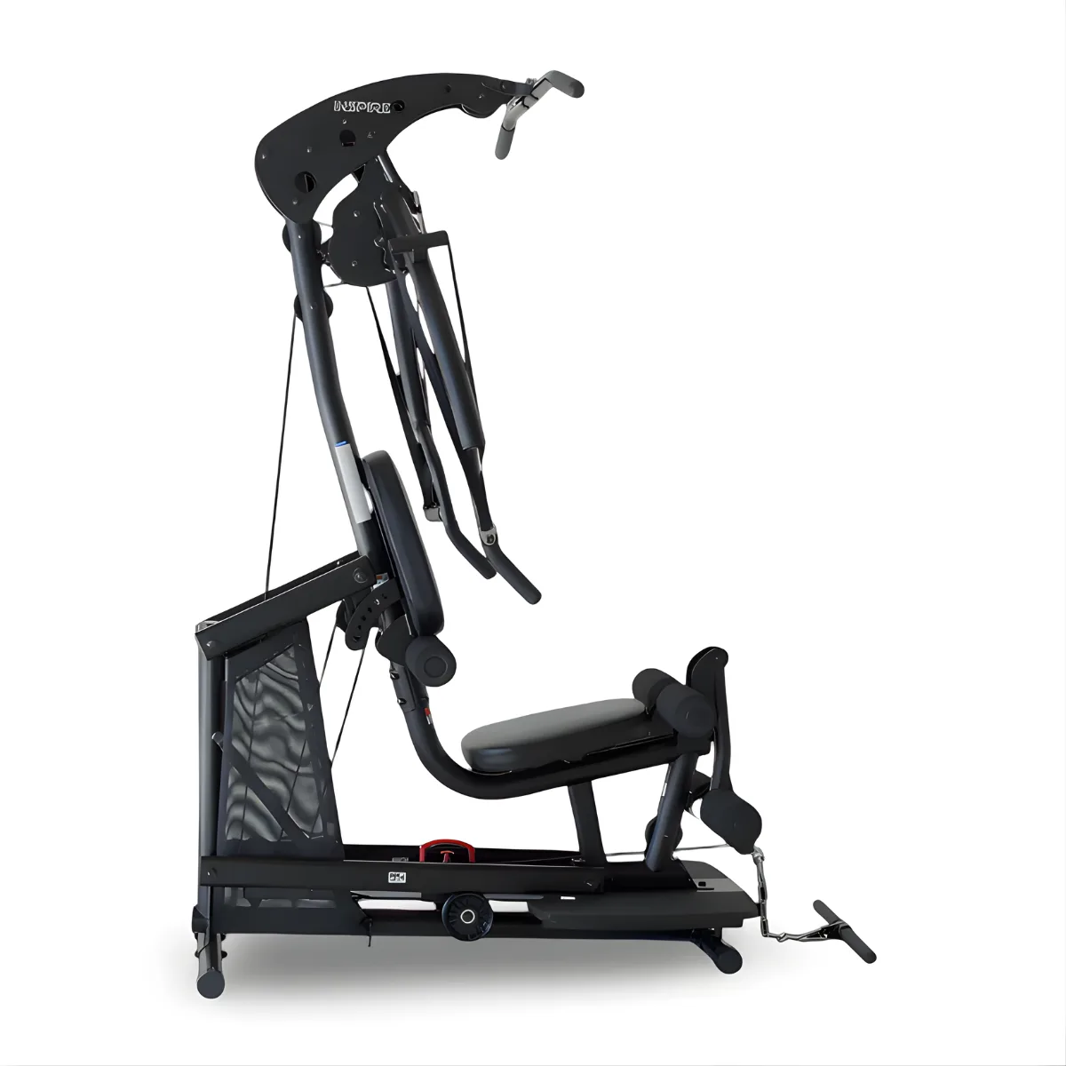 Eine schwarze Inspire-Fitnessmaschine. Sie hat einen Sitz, Griffe und Kabel. Die Maschine steht vor weißem Hintergrund.