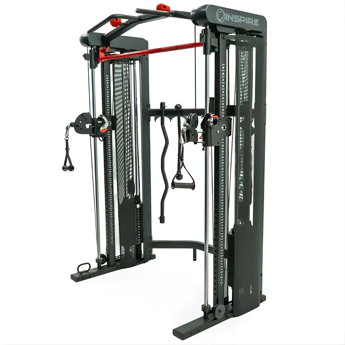 Eine schwarze Inspire-Fitnessmaschine mit roten Akzenten. Enthält Kabel, Gewichte und verschiedene Griffe. Es hat das Wort INSPIRE darauf.