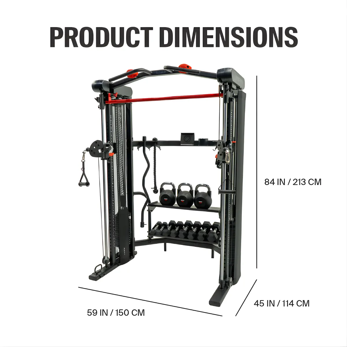 Schwarze Fitnessmaschine mit Gewichten und Maßen. Sie hat eine rote Stange, drei Kettlebells und Kurzhanteln. Maße: 84x45x59 Zoll.