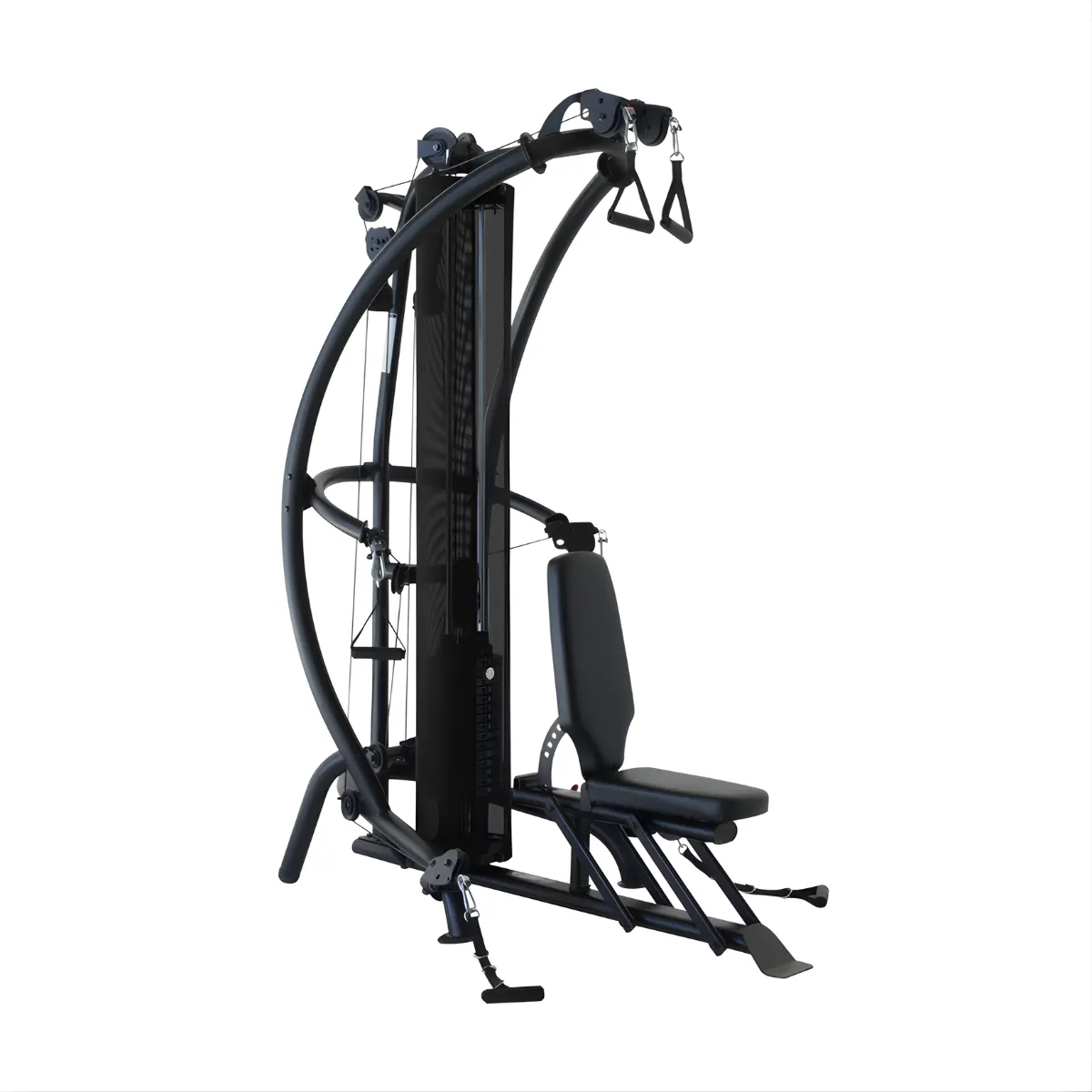 Zwarte fitnessmachine op witte achtergrond. Met zitje, gewichten, kabels en handvatten.