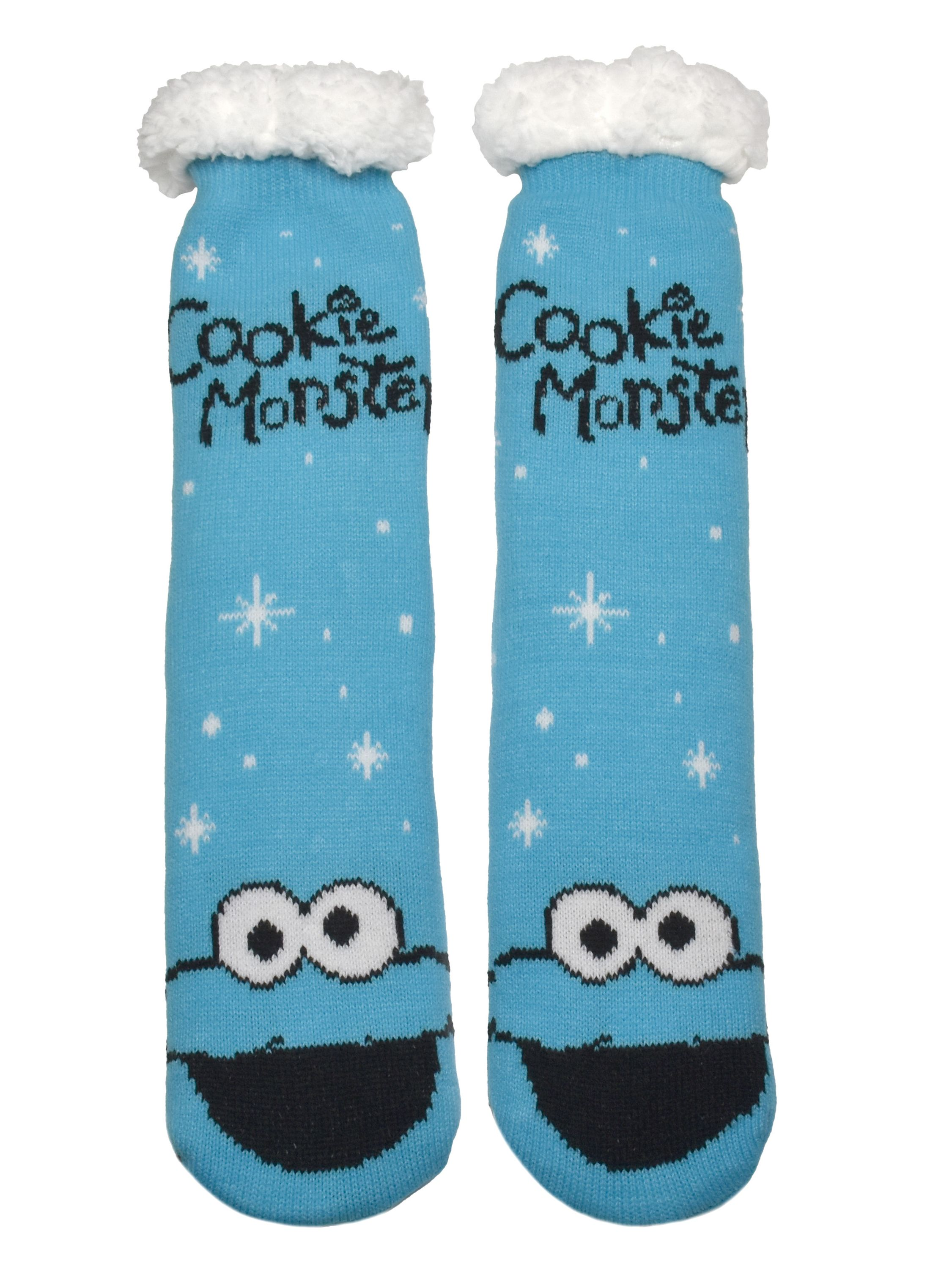 Zwei blaue Cookie-Monster-Socken mit weißem Fellbesatz. Die Socken haben Cookie-Monster-Gesichter und Schneeflocken.