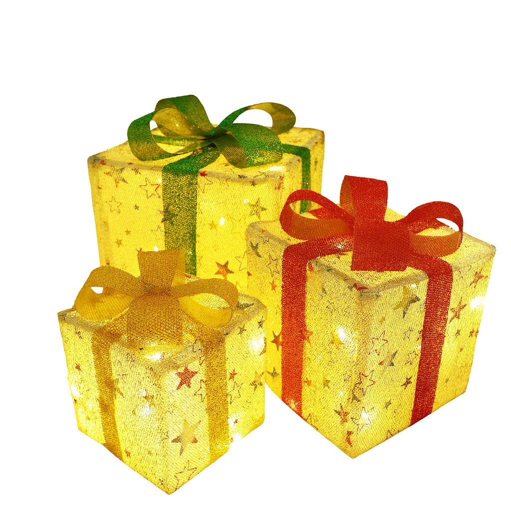 Trzy podświetlane pudełka na prezenty z wzorami gwiazd. Wstążki są złote, zielone i czerwone. Tło jest białe.