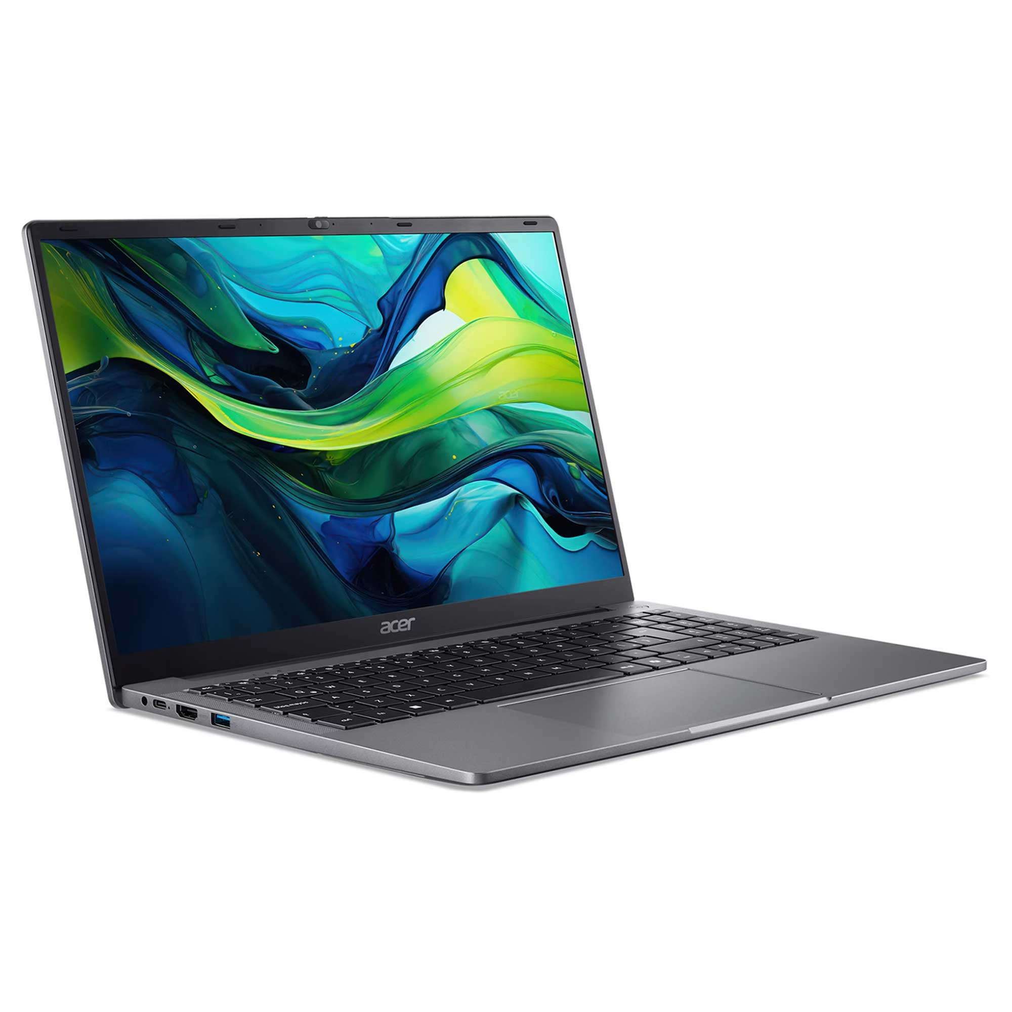 Siyah klavyeli gümüş dizüstü bilgisayar. Ekran yeşil, mavi ve sarı soyut sanat sergiliyor. Acer logosu görünür.