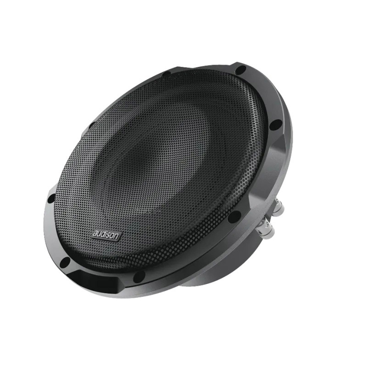 Ein schwarzer Audison-Subwoofer, schräge Ansicht. Er ist kreisförmig mit einem Netzbezug. Der Rahmen ist grau. Der Hintergrund ist weiß.