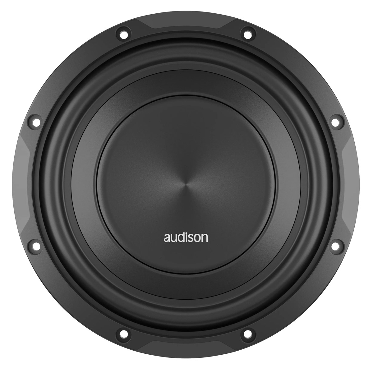 Nahaufnahme eines schwarzen Audison-Subwoofers. Er hat eine konusförmige Mitte, eine kreisförmige Einfassung und Befestigungslöcher am Rand.