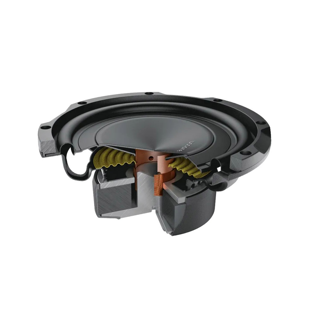 Querschnitt eines schwarzen Subwoofers, der interne Komponenten zeigt: gelbe Aufhängung, Kupferverdrahtung und ein zentraler Magnet.