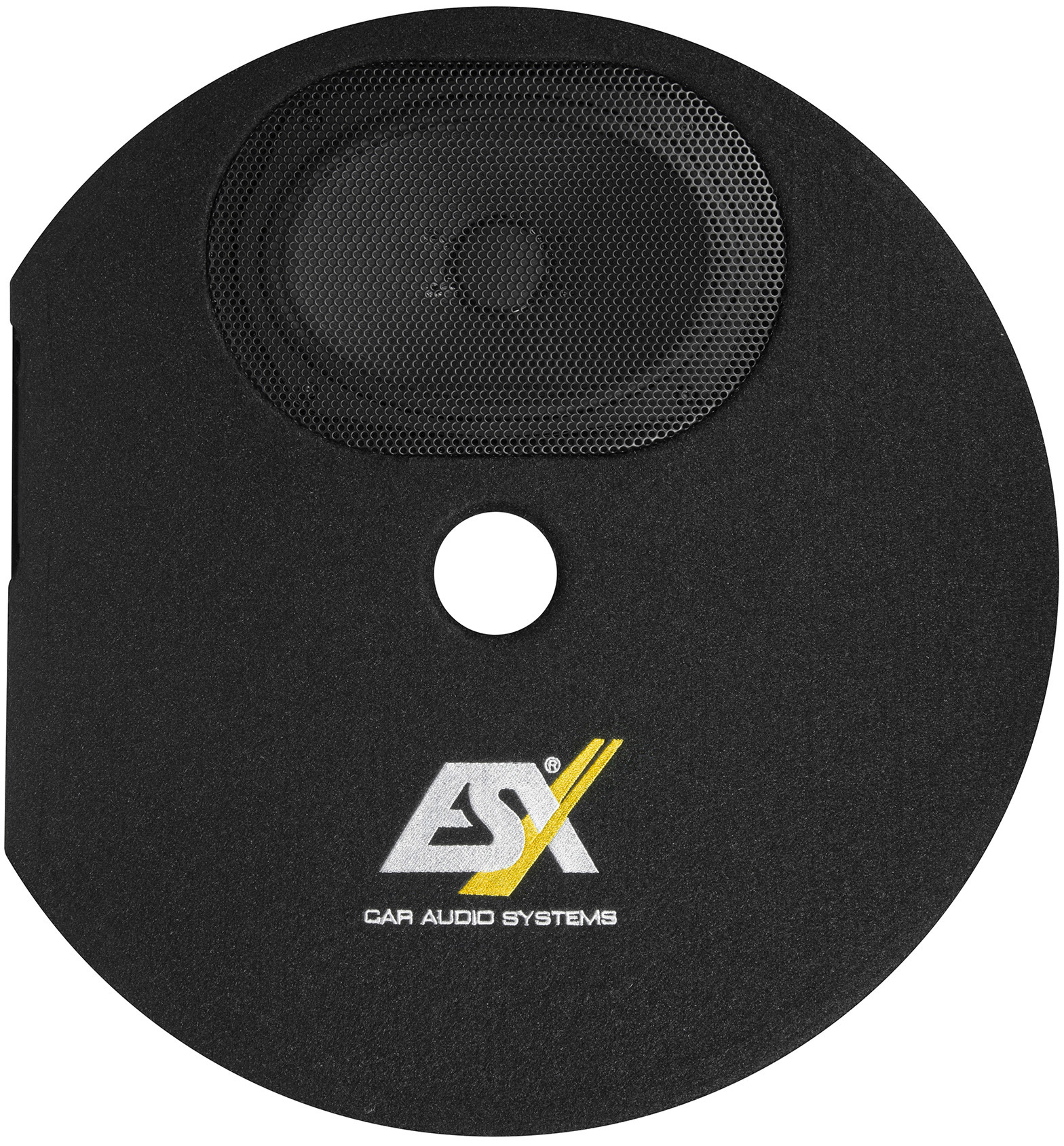 Schwarzes, rundes Lautsprecherpanel mit Mesh-Gitter. Es hat einen weißen Kreis und das gelb-weiße 'ASX'-Logo.