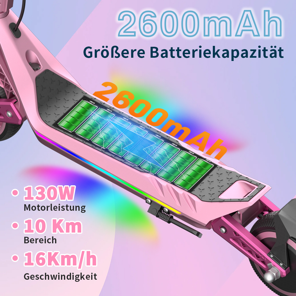 Ein pinkfarbener Elektroroller mit Spezifikationen: 2600mAh Akku, 130W Motor, 10 km Reichweite und 16 km/h Geschwindigkeit.