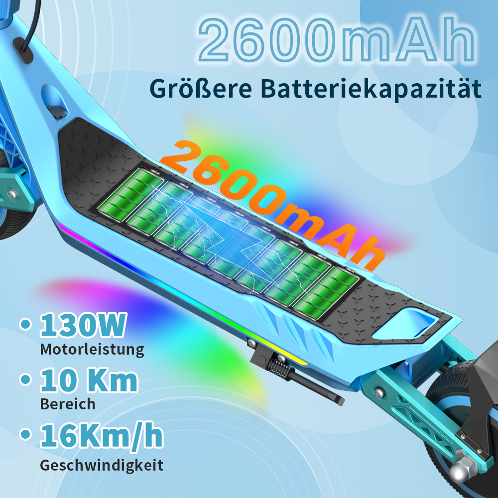 Ein blau-schwarzer Elektroroller mit Angaben zu Batteriekapazität, Leistung, Reichweite und Geschwindigkeit. Die Batterie wird hervorgehoben.