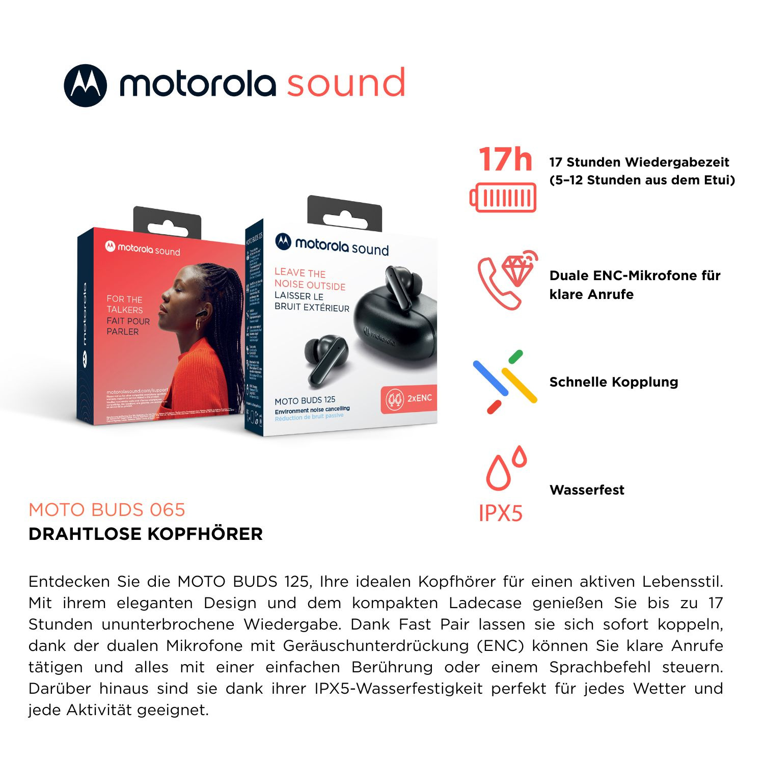 Caja de auriculares Motorola, auriculares negros e iconos que muestran características como la duración de la batería y la resistencia al agua.