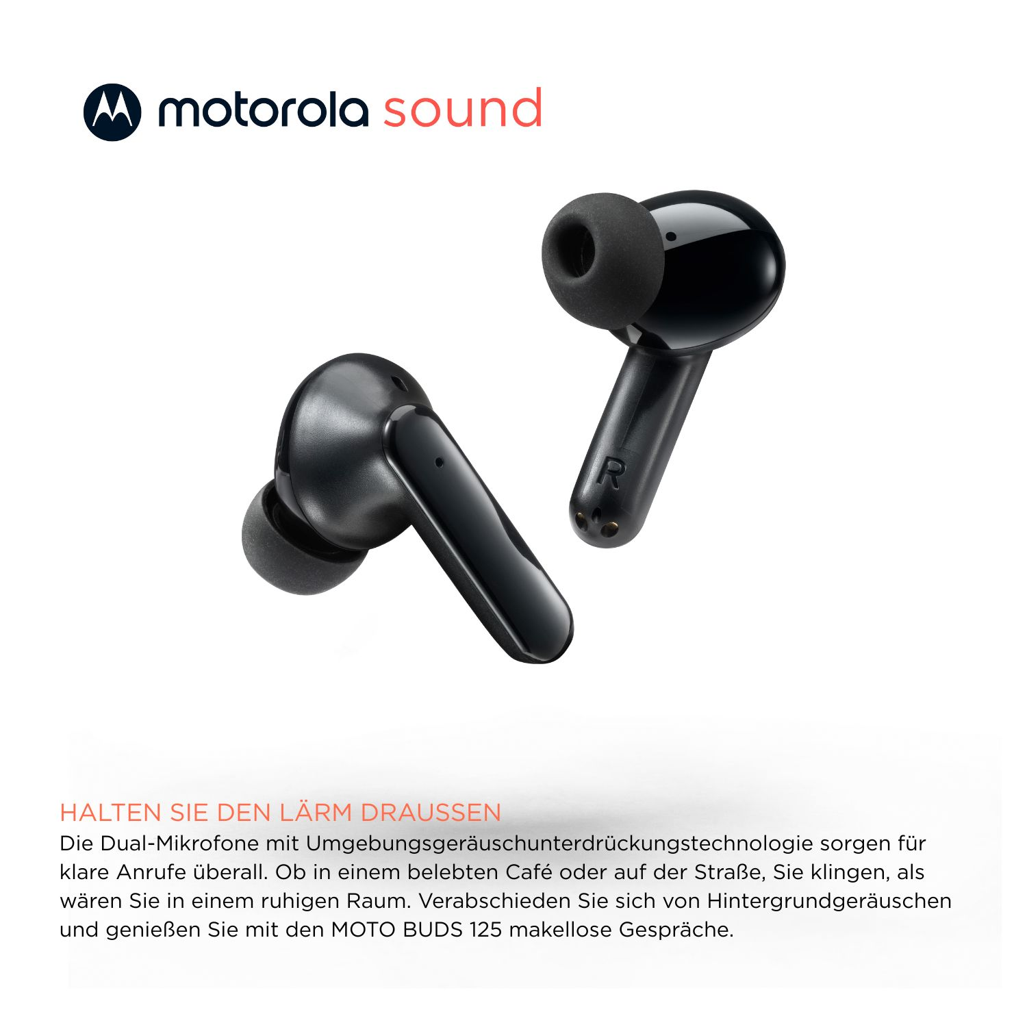 Dos auriculares negros Motorola sobre fondo blanco. Visible la marca y el texto "HALTEN SIE DEN LÄRM DRAUSSEN".