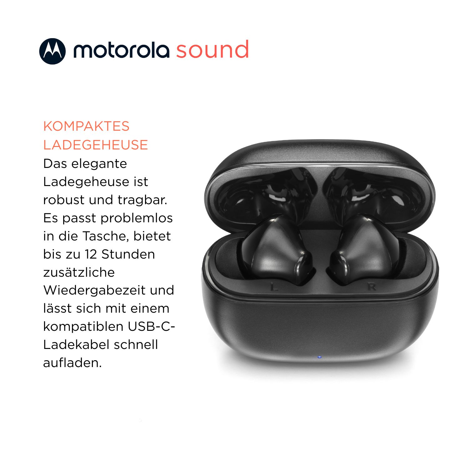 Auriculares negros en un estuche de carga. Logotipo de Motorola sound en la parte superior. Texto en alemán describe el producto.
