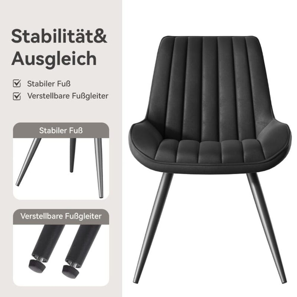 Ein schwarzer Stuhl mit Metallbeinen. Text in deutscher Sprache zeigt Merkmale des Stuhls: stabiler Fuß und verstellbare Gleiter.