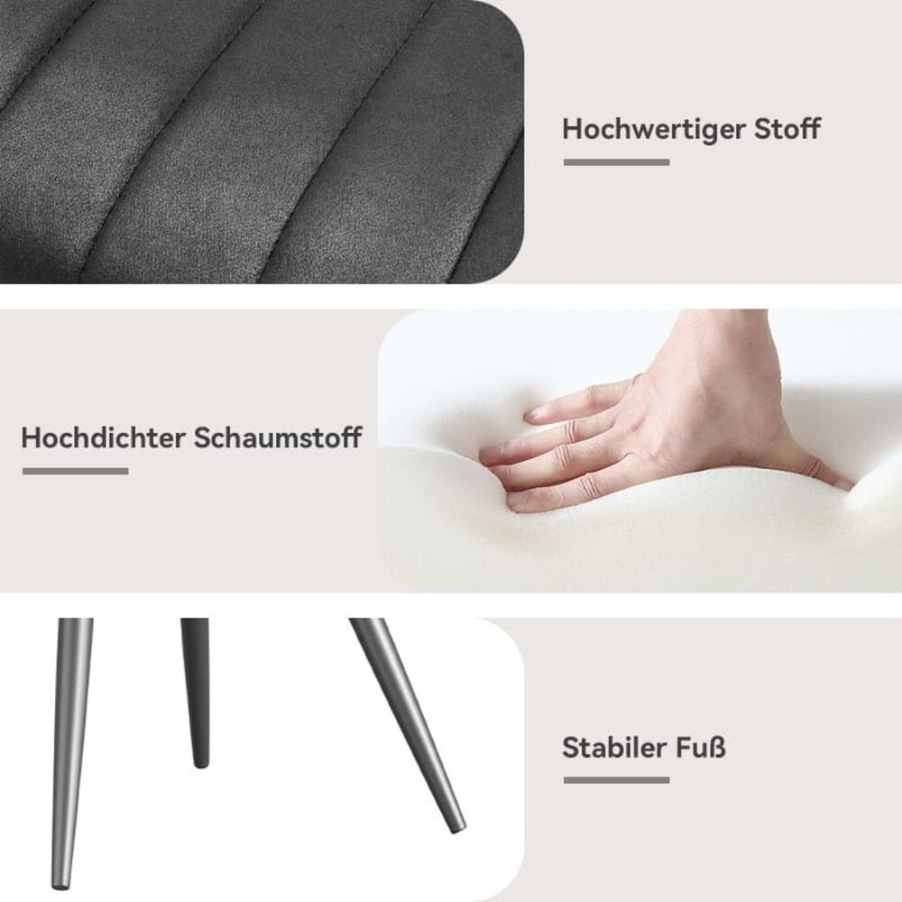Das Bild zeigt Stuhlmaterialien: strukturiertes graues Gewebe, weißer Schaumstoff, der von einer Hand gedrückt wird, und Metallbeine.