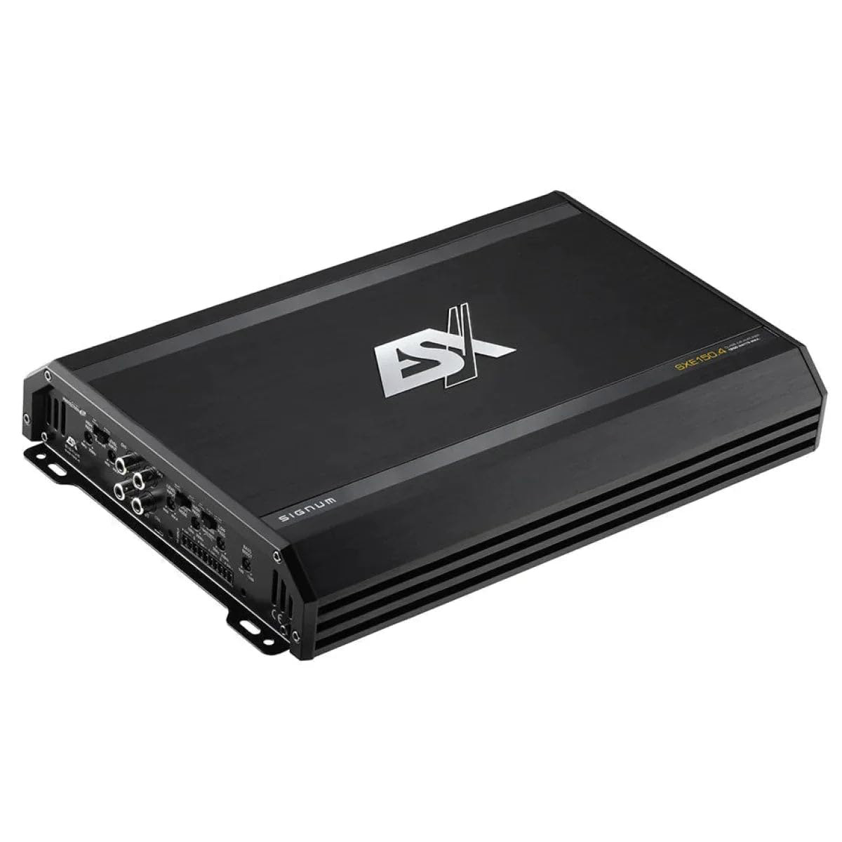 Ein schwarzer ESX-Autoaudioverstärker. Er hat das ESX-Logo, den Modellnamen und verschiedene Ein-/Ausgangsanschlüsse. Der Verstärker steht auf weißem Hintergrund.
